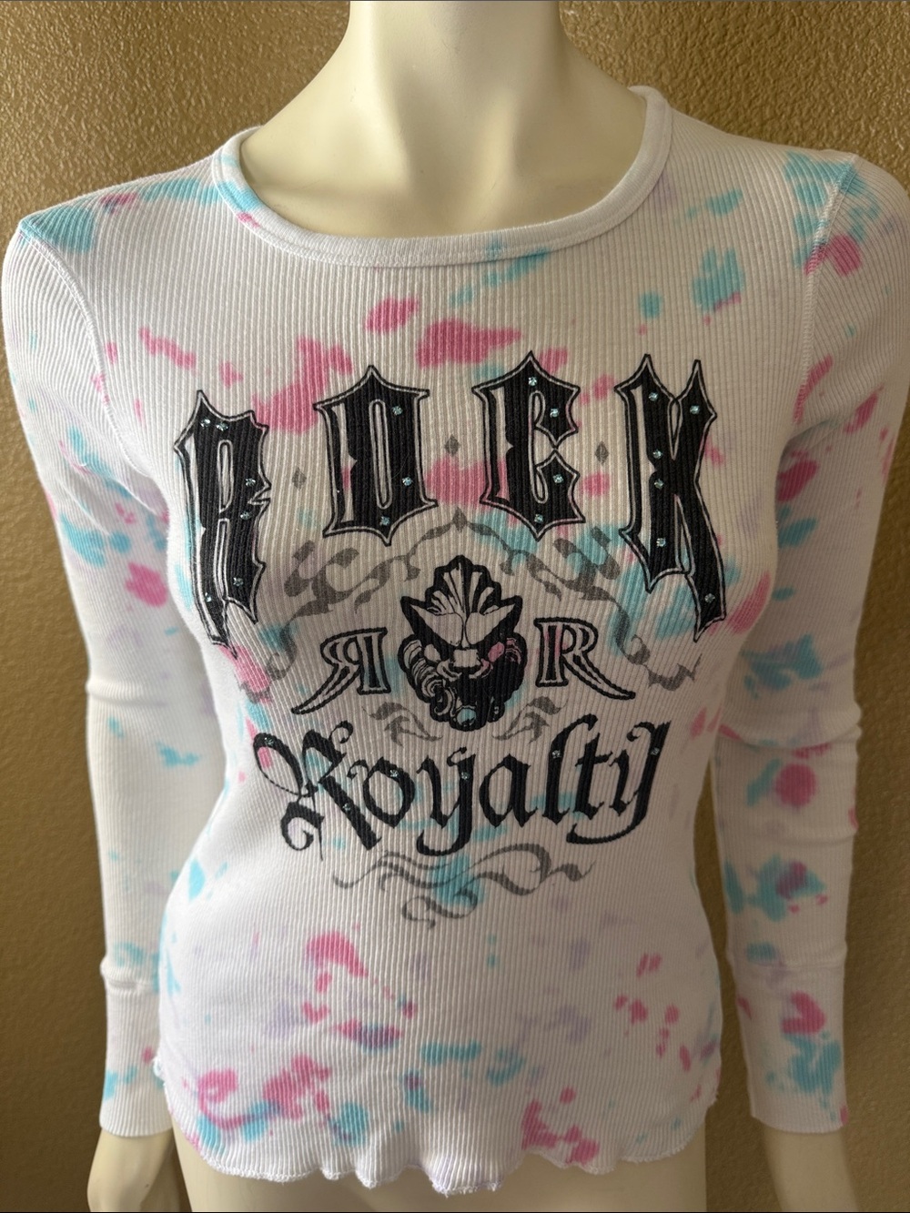 Y2K Vintage Bejeweled White Ribbed Long Sleeve Tie-Dye Tee with Gothic Graphic